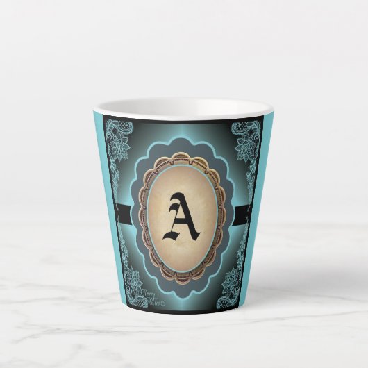 Dentelle Turquoise antique Monogramme Latte Mug (Devant)