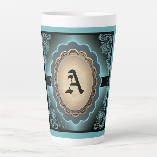 Dentelle Turquoise antique Monogramme Latte Mug (Devant)