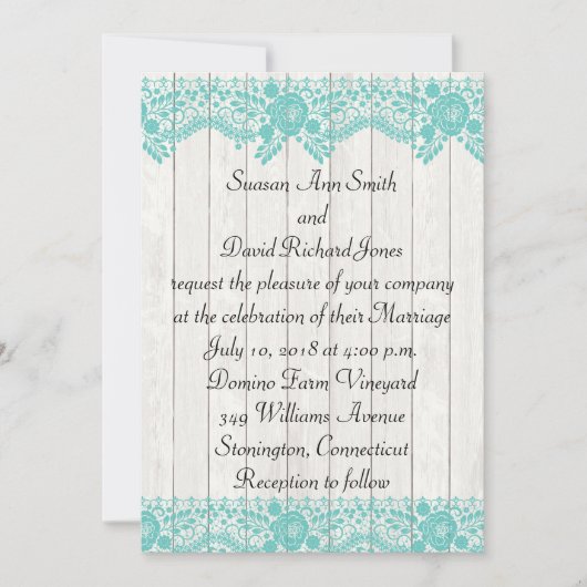 Dentelles Turquoises et Faire-part de mariage rust (Devant)