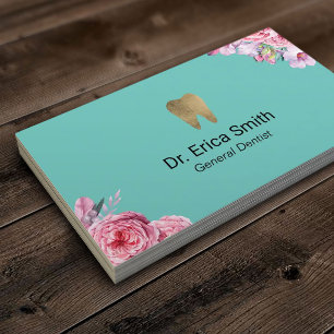 Dentist  Floral Gold Tooth Dental Care Blauwgroen Visitekaartje