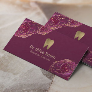 Dentist Gold Tipped Burgundy Floral Dental Care Visitekaartje