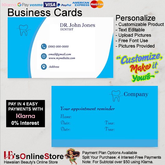 Dentiste Carte de visite 45 Pack de 100