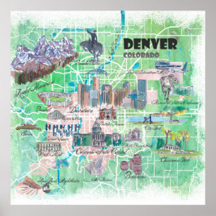 Denver Colorado USA Illustrated Map met Main Road Poster