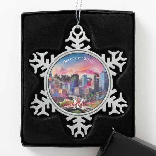 Denver Skyline Snowflake Pewer Noël ornement (Boîte)