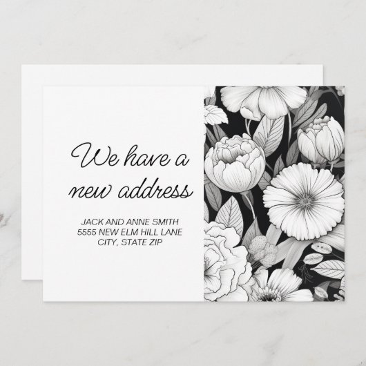 Déplacement des fleurs noires blanches Faire-part (Devant / Derrière)