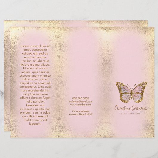 dépliant papillon rose design feuille d'or faux (Devant / Derrière)
