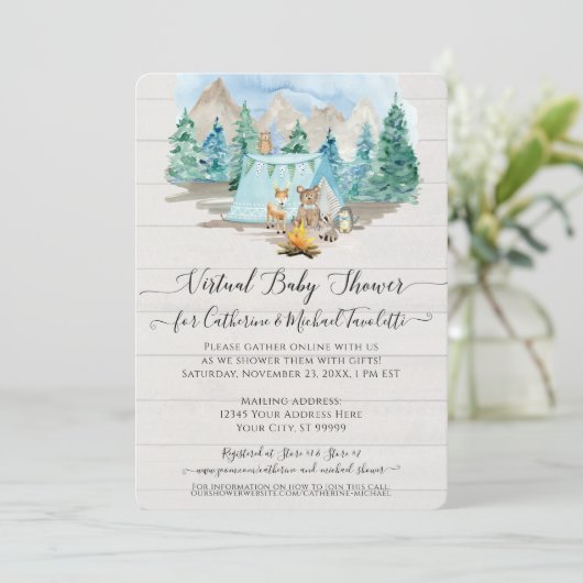 Der Beer Rustic Wood Virtual Baby shower Kaart (Staand voorkant)