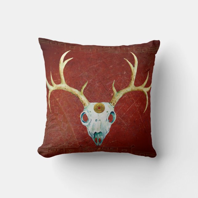 Der Skull Antlers Ox Blood Gold Native American Kussen (Voorkant)