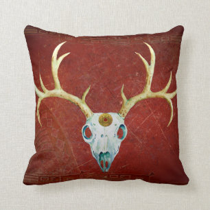 Der Skull Antlers Ox Blood Gold Native American Kussen