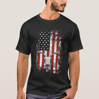 Der Skull met Antlers en Amerikaanse vlag T Shirt