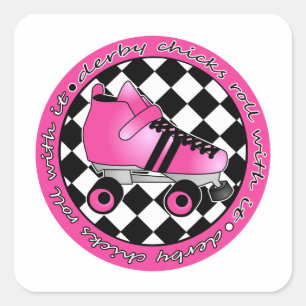Derby Chicks Roll with it - Hot Pink Black White Vierkante Sticker