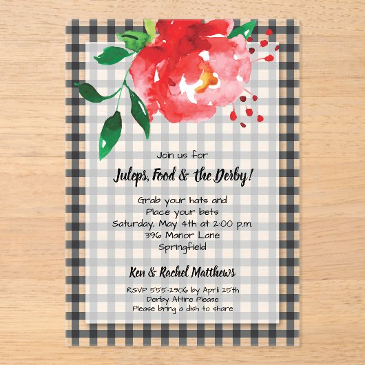 Derby Day Red Rose op Gingham Acryl Uitnodigingen (Voorkant)