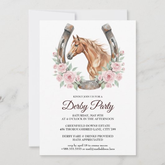Derby Party Invitation with Horse & Floral Art (Devant)