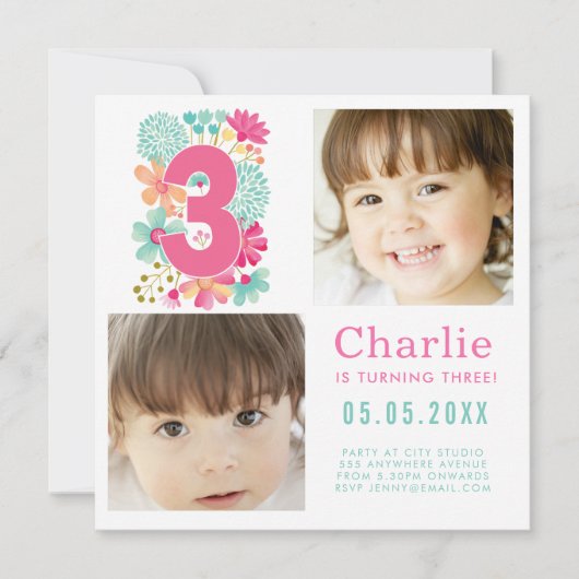 Derde Drie 3e Verjaardag Party Photo Square Kaart (Voorkant)