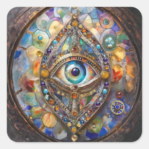 Derde Oog op Gebrandschilderd Glas en Brons Vierkante Sticker
