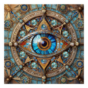 Derde oog - Turquoise Blauw Gouden Mandala Perfect Poster
