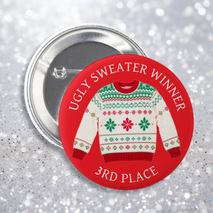 Derde plaats Ugly Sweater Winnaar   Grappige kerst Ronde Button 5,7 Cm