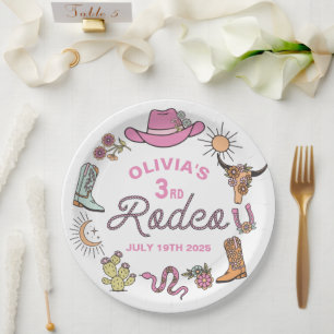 Derde Rodeo Roze Western Cowboy 3e Verjaardag Papieren Bordje