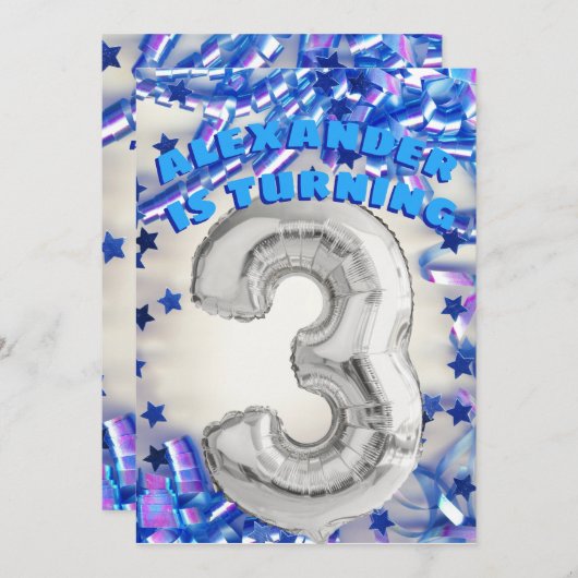 Derde verjaardag Zilver en Blauwe Leeftijd 3 Jonge Kaart (Voorkant / Achterkant)