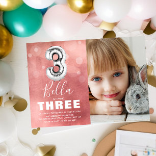 Derde verjaardag Zilveren Ballon   Roze fotoparty Kaart