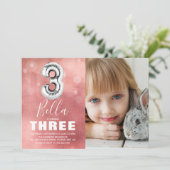 Derde verjaardag Zilveren Ballon | Roze fotoparty Kaart (Staand voorkant)