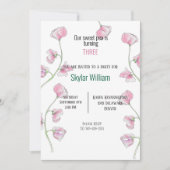 Derde verjaardagsfeest roze zoete erwt kaart (Voorkant)