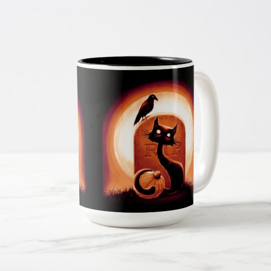 Derpy Halloween Cat van een Tombstone Tweekleurige Koffiemok (Voorkant rechts)