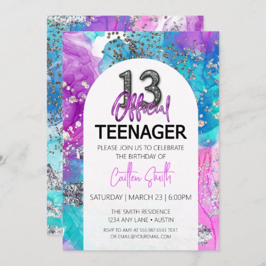 Dertiende verjaardag uitnodiging Cool Neon Glitter (Voorkant / Achterkant)