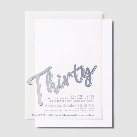 Dertig 30e verjaardag zilveren script tekst overla vellum uitnodigingen (Offset)