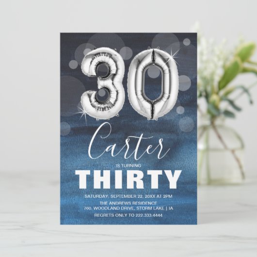 Dertigday Silver Balloon | Blauwe Partij Kaart (Staand voorkant)