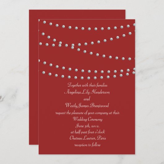 Des fils de perles sur Faire-part de mariage rouge (Devant / Derrière)