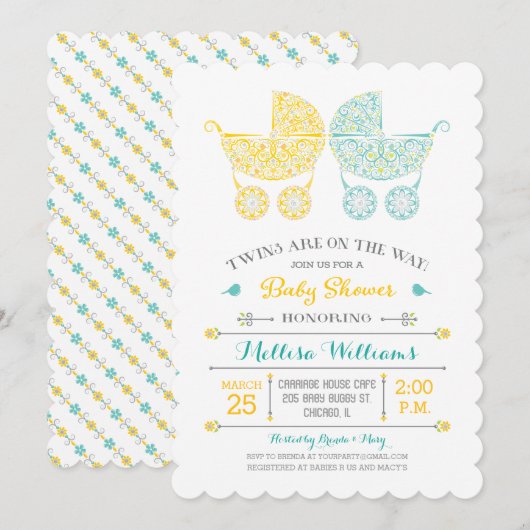 Des jumeaux en route ! Invitation à la baby shower (Devant / Derrière)