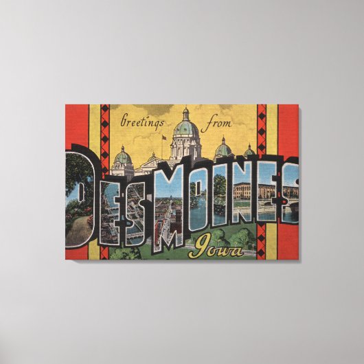 Des Moines, Iowa - Grote letterscènes Canvas Afdruk (Voorkant)