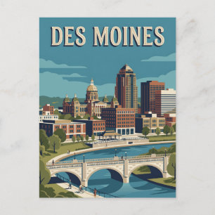 Des Moines Iowa Rivierfront Skyline Vintage Poster Briefkaart