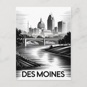Des Moines Iowa Silhouette Zwart Wit Houtsnede Feestdagenkaart