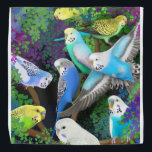 Des perroquets budgétaires colorés à Ferns Bandana<br><div class="desc">Art original de perroquets de perroquets colorés en bougie ou en Budgerigar dans les fougères par l'artiste Carolyn McFann de Two Purring Cats Studio imprimé sur un bandana de qualité pour les amateurs de perroquets.</div>