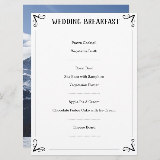 Description du menu Mariage spécial. (Devant / Derrière)