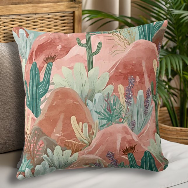 Desert Bloom Canyon Watercolor Landscape Kussen (Blush canyon pillow with watercolor cacti, soft sage greens, and dreamy desert sunset tones.)