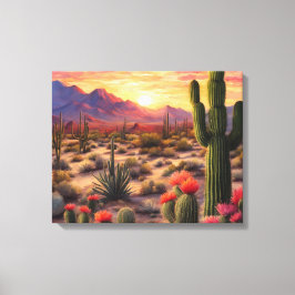 Desert Blooming Cactus Kleurrijke Sunrise Art Canvas Afdruk