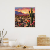 Desert Blooming Cactus Kleurrijke Sunrise Art Poster (Keuken)