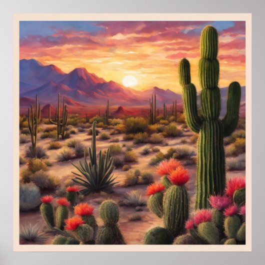 Desert Blooming Cactus Kleurrijke Sunrise Art Poster (Voorkant)