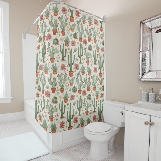Desert Cacti Succulent Seamless Pattern Douchegordijn (In situ)