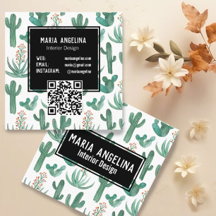 Desert Cactus en Succulents Waterverf QR Code Vierkante Visitekaartje