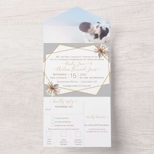 Desert Cactus Geometrisch Goud Lijst Bruiloft All In One Uitnodiging (Binnen)