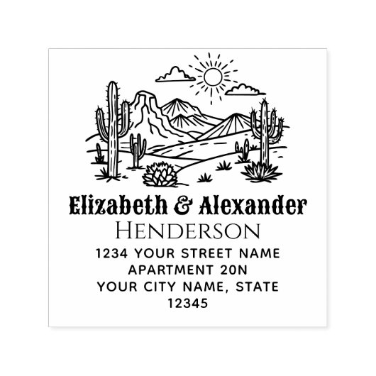 Desert Cactus Landschap #3S SQ Naam Retouradres Zelfinktende Stempel (Design)