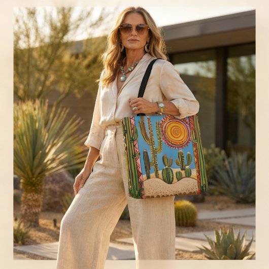 Desert Cactus Tote Bag with Colorful Sun and Geome