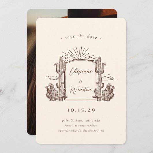 Desert Cactus Western Monogram Bewaar de datum Kaart (Voorkant / Achterkant)