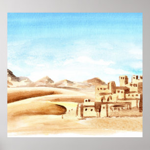 Desert Dunes African City Waterverf Poster