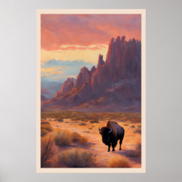 Desert Lone Buffalo Kleurrijke Sunrise Art Landsch Poster
