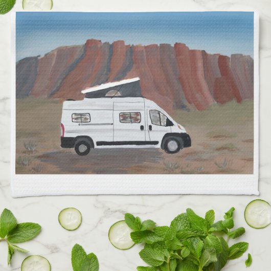Desert Scene Van Life Kitchen Towel White Van Theedoek (Gevouwen)